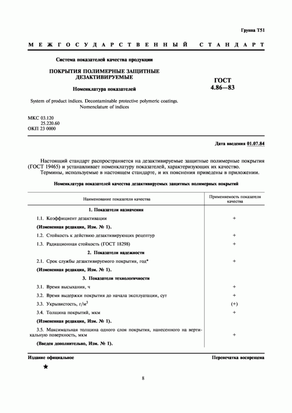 ГОСТ 4.86-83 Система показателей качества продукции. Покрытия полимерные защитные дезактивируемые. Номенклатура показателей