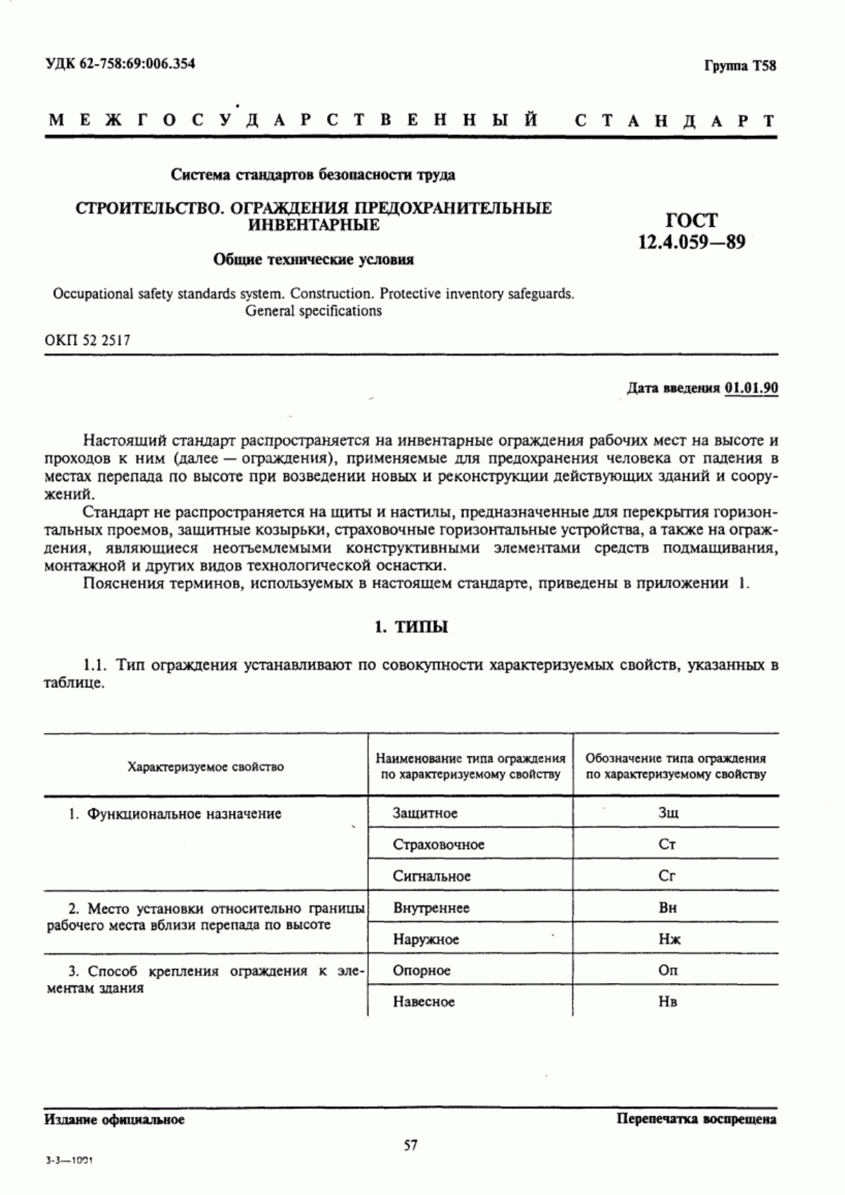 ГОСТ 12.4.059-89 Система стандартов безопасности труда. Строительство. Ограждения предохранительные инвентарные. Общие технические условия