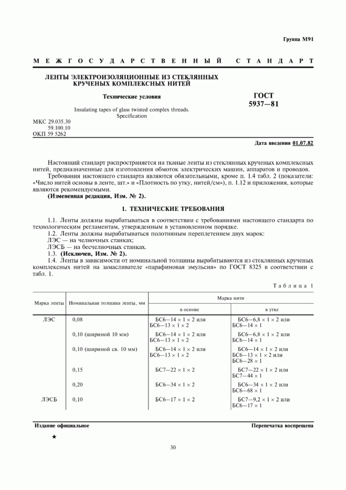 ГОСТ 5937-81 Ленты электроизоляционные из стеклянных крученых комплексных нитей. Технические условия