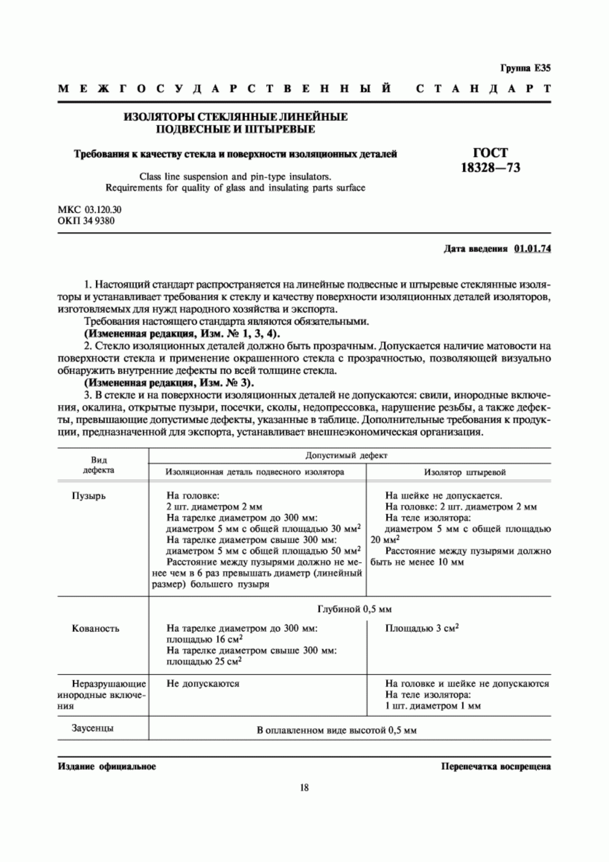 ГОСТ 18328-73 Изоляторы стеклянные линейные подвесные и штыревые. Требования к качеству стекла и поверхности изоляционных деталей