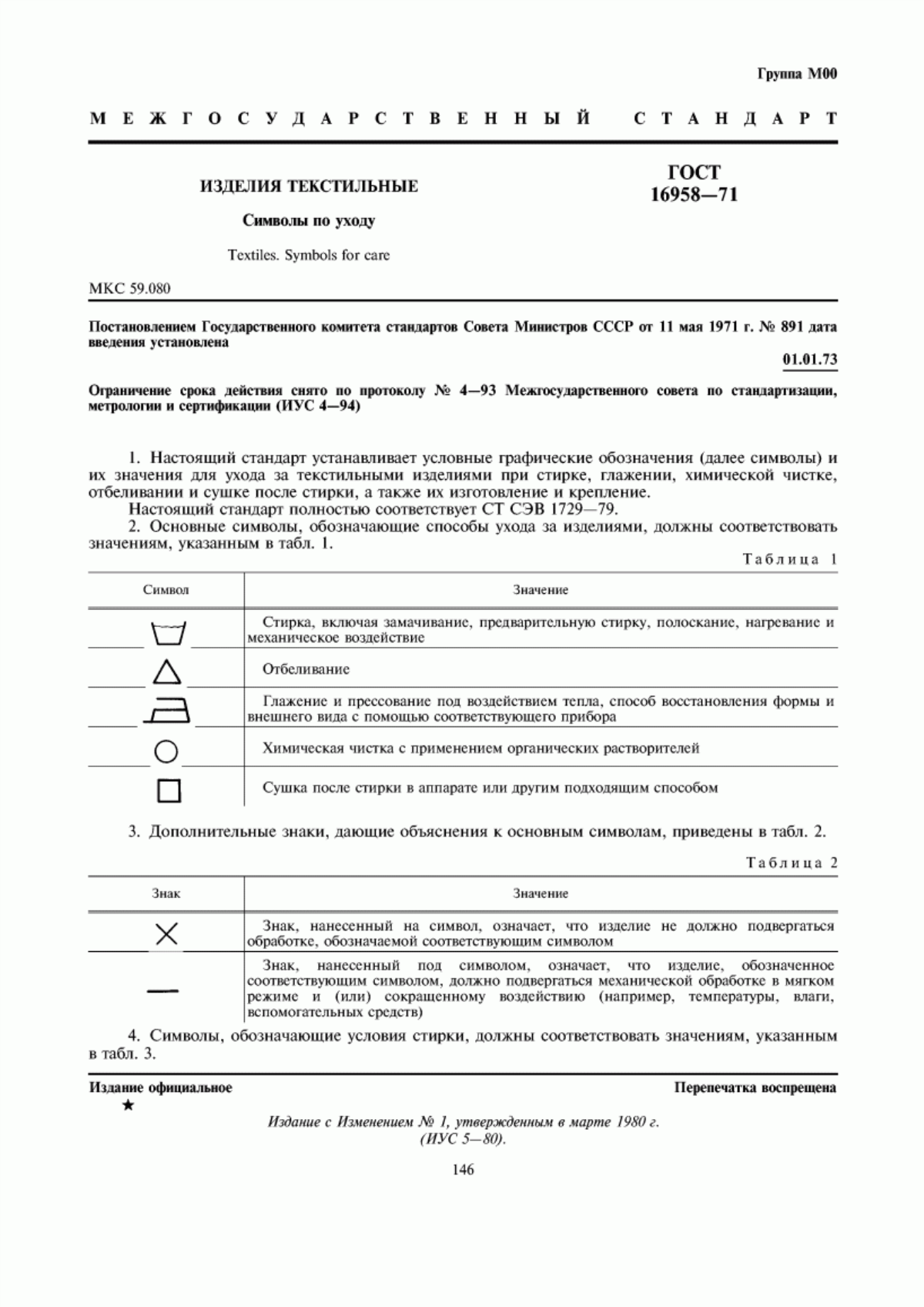 ГОСТ 16958-71 Изделия текстильные. Символы по уходу