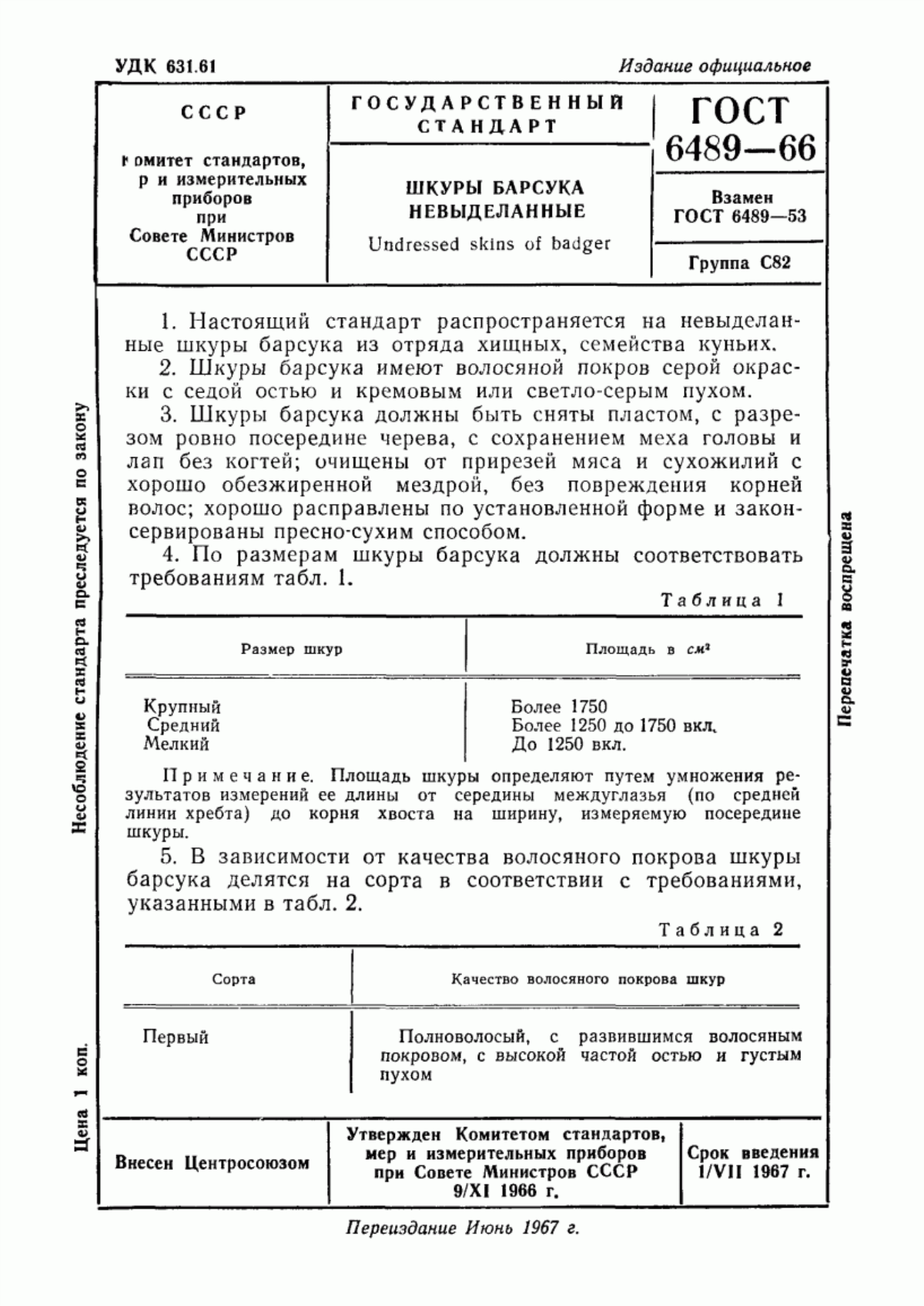 ГОСТ 6489-66 Шкуры барсука невыделанные. Технические условия