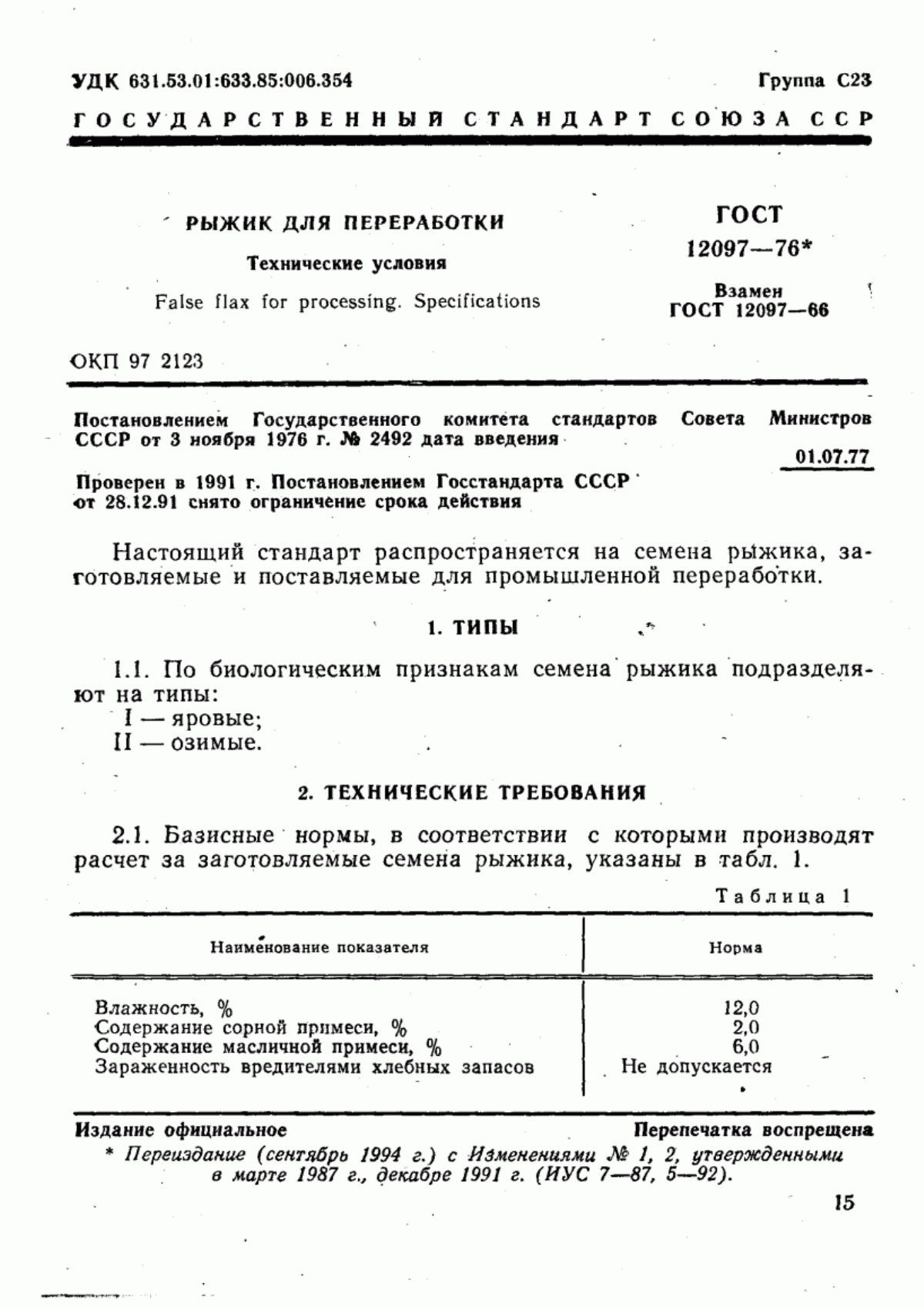 ГОСТ 12097-76 Рыжик для переработки. Технические условия