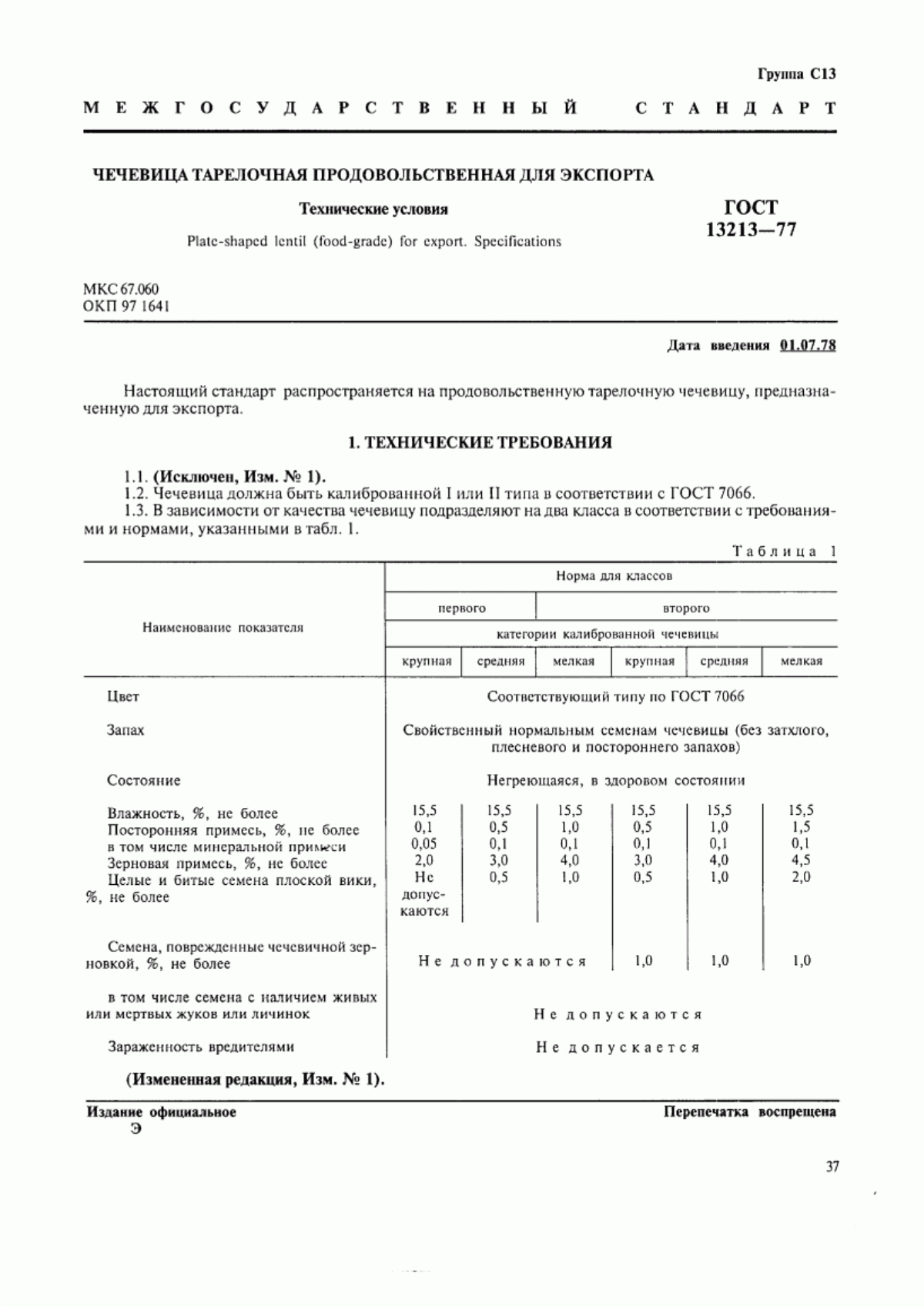 ГОСТ 13213-77 Чечевица тарелочная продовольственная для экспорта. Технические условия