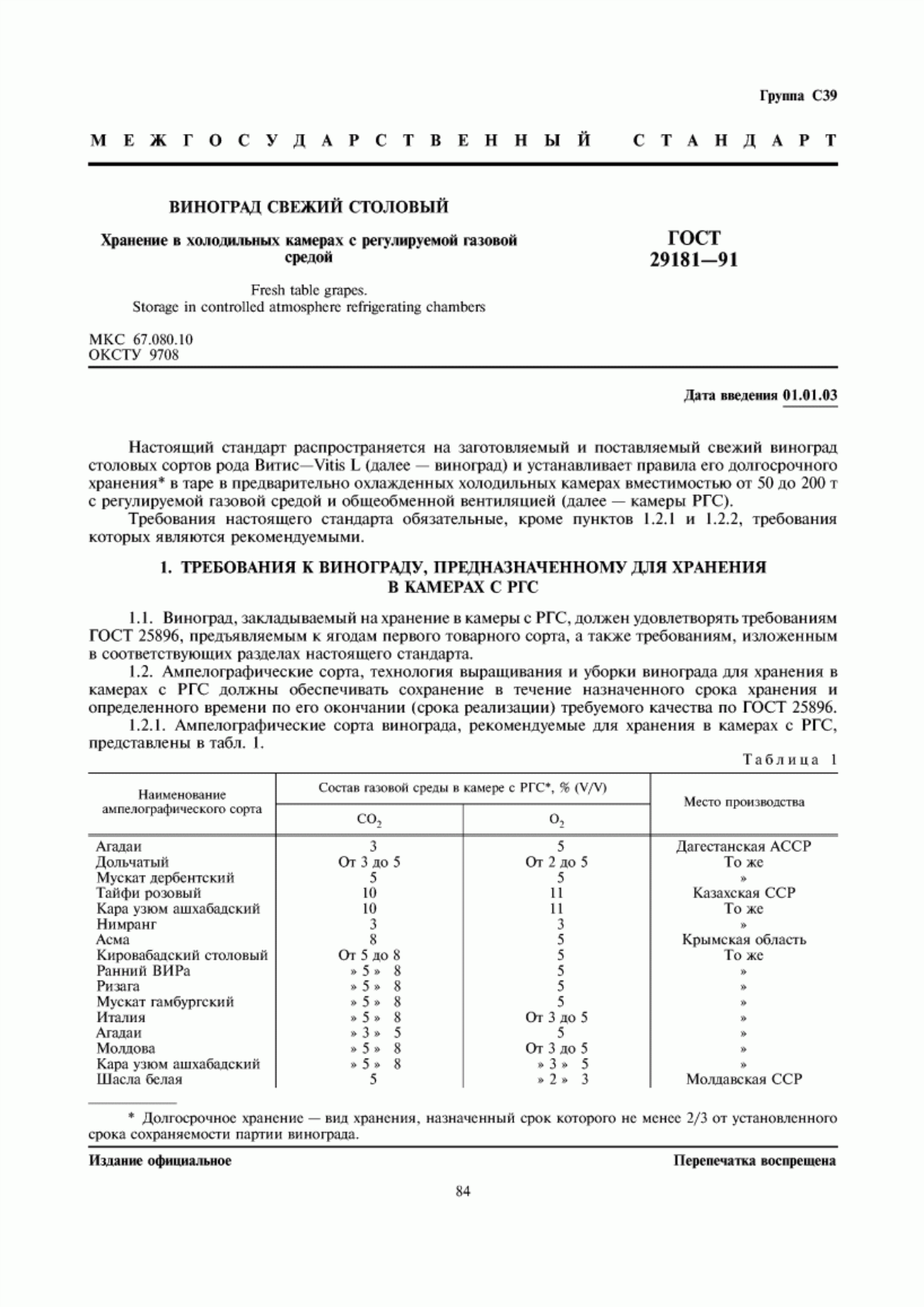 ГОСТ 29181-91 Виноград свежий столовый. Хранение в холодильных камерах с регулируемой газовой средой