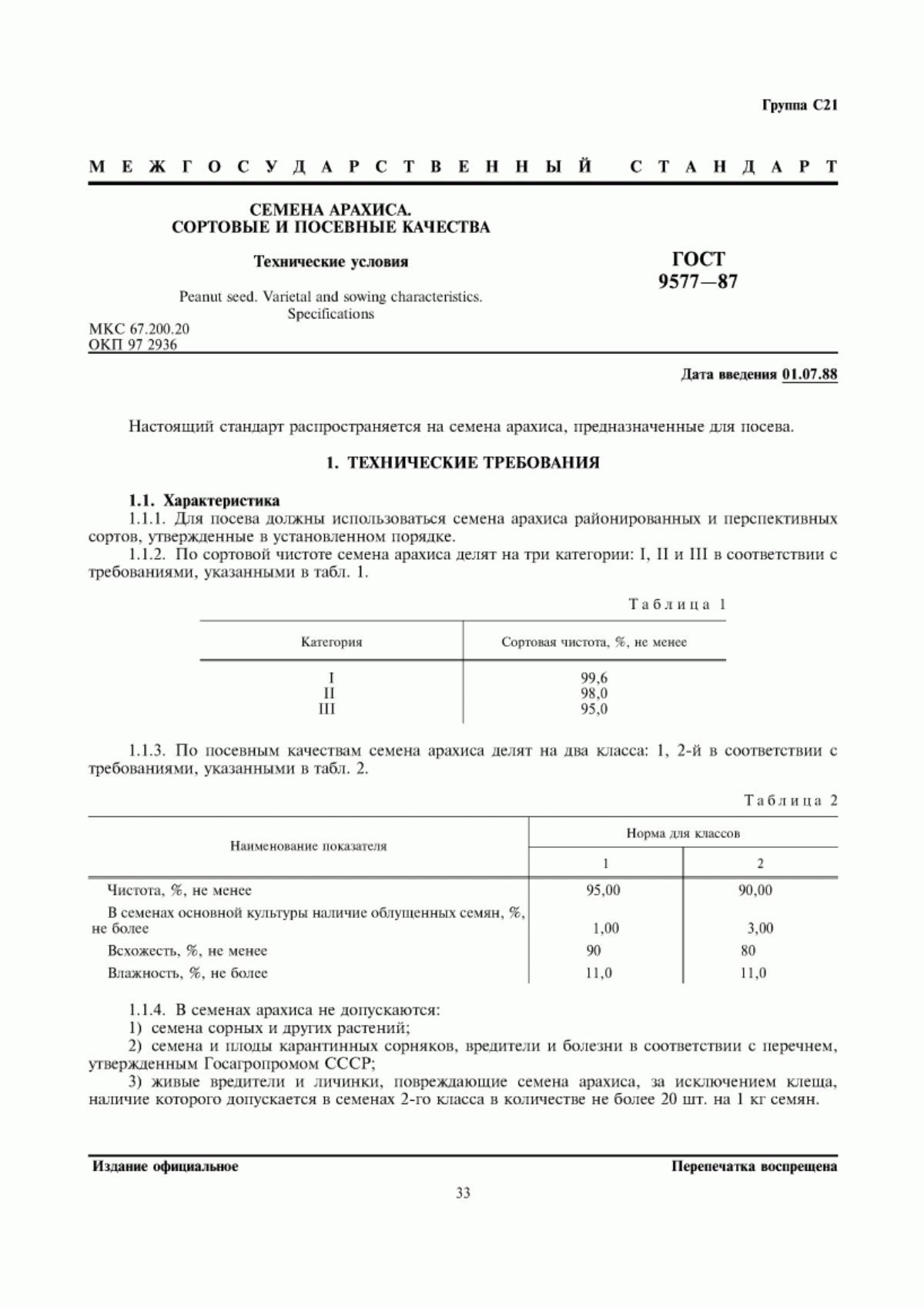 ГОСТ 9577-87 Семена арахиса. Сортовые и посевные качества. Технические условия