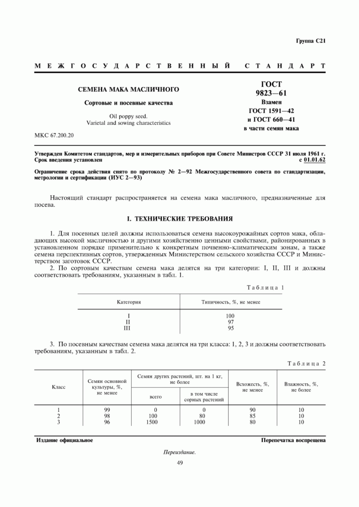 ГОСТ 9823-61 Семена мака масличного. Сортовые и посевные качества