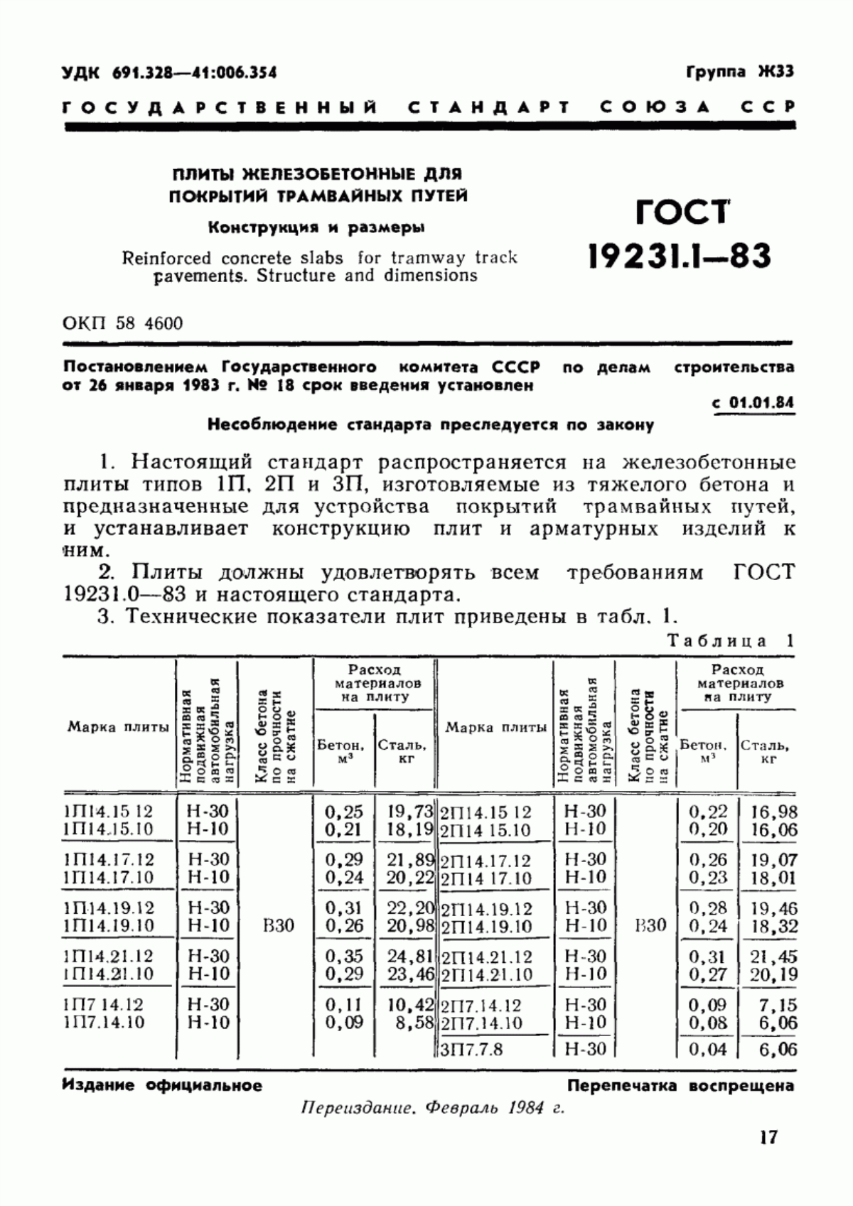 ГОСТ 19231.1-83 Плиты железобетонные для покрытий трамвайных путей. Конструкция и размеры