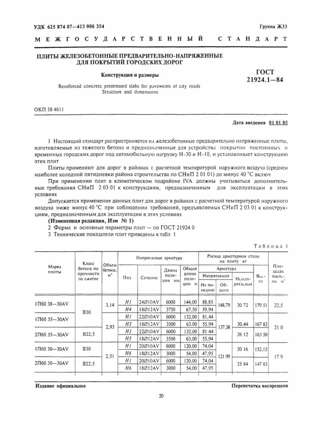 ГОСТ 21924.1-84 Плиты железобетонные предварительно-напряженные для покрытий городских дорог. Конструкция и размеры