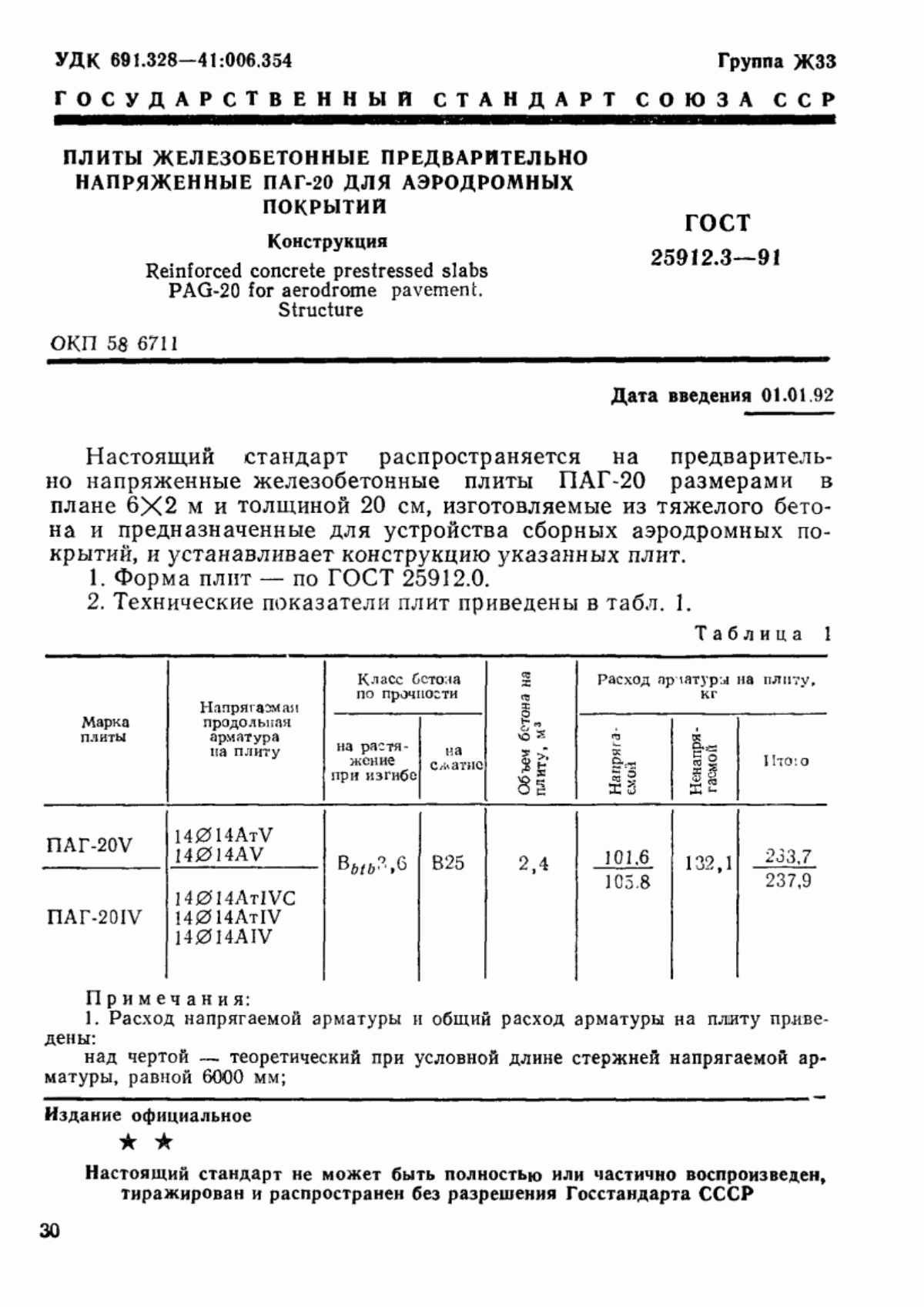 ГОСТ 25912.3-91 Плиты железобетонные предварительно напряженные ПАГ-20 для аэродромных покрытий. Конструкция